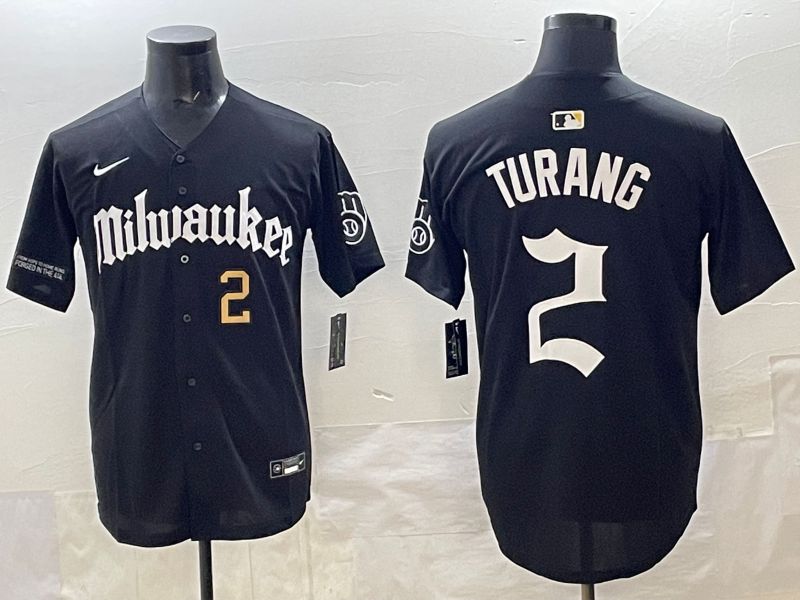 Men 2025 Milwaukee Brewers #2 Turang Black Five generations Joint Name Nike MLB Jersey style 9
